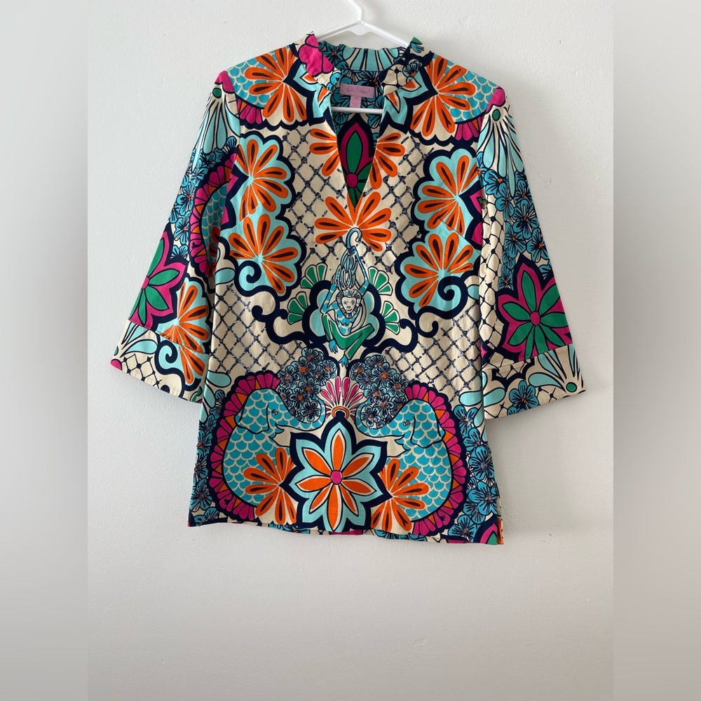 Lilly Pulitzer Palooza Tunic Top Large Multicolor Floral Coastal Resort Preppy